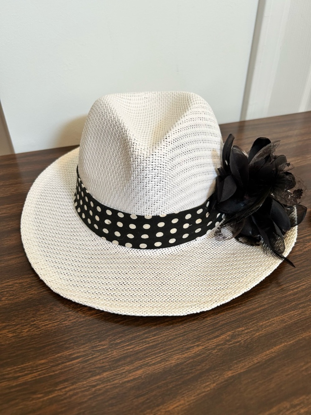 White Paper Straw Fedora Hat | Black Polka Dot Band & Large Floral Accent